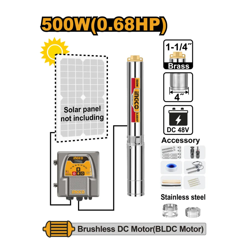 Pompe immergée solaire 4"500 W / 0,68 HP INGCO DWPDC50061