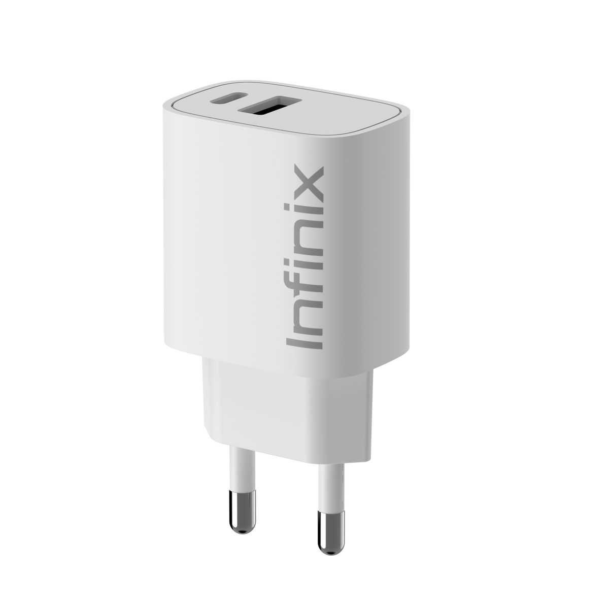 Chargeur Infinix XC20EU 20 W GaN blanc avec prise européenne à deux broches rondes, ports USB-A et USB-C