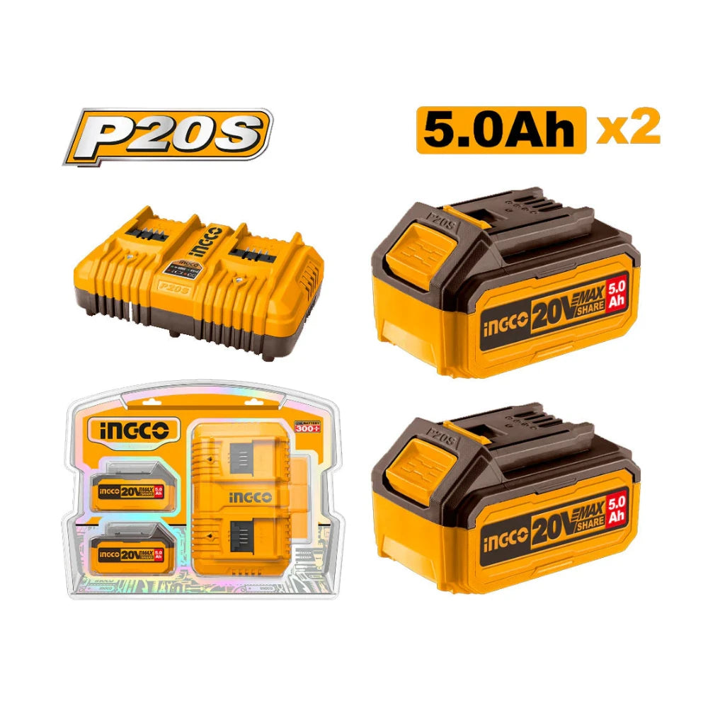 Kit batterie 2*5 Ah lithium‑ion + chargeur (FCLI2034E) INGCO FBCPK2425