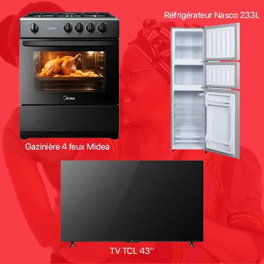 Pack gazinière Midea, réfrigérateur Nasco 233L et TV TCL 43 pouces