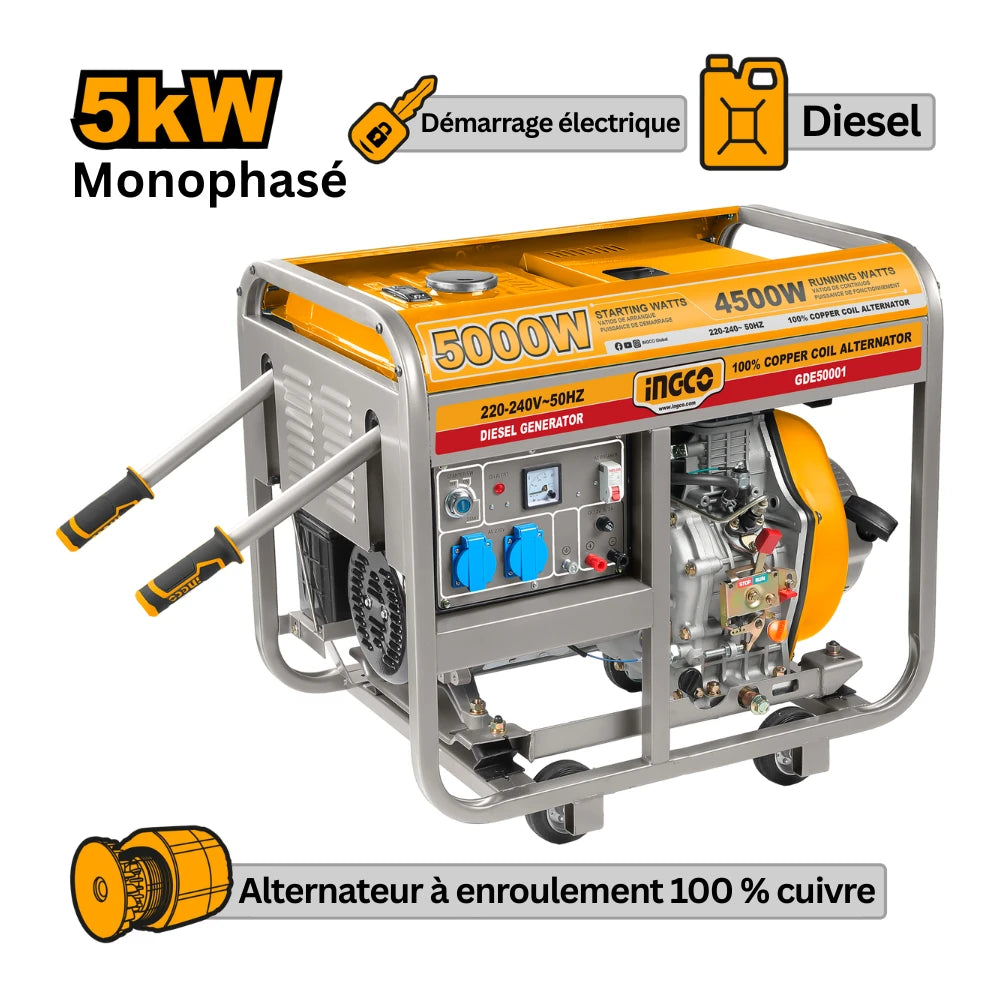 Groupe électrogène diesel 5 kW - 6 kVA - 7 HP monophasé INGCO GDE50001 — vue 2