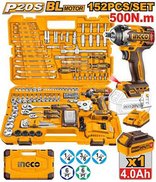 Coffret ensemble d'outils clés + à chocs 500 Nm - 20 V-152 pcs INGCO HKTHP31521