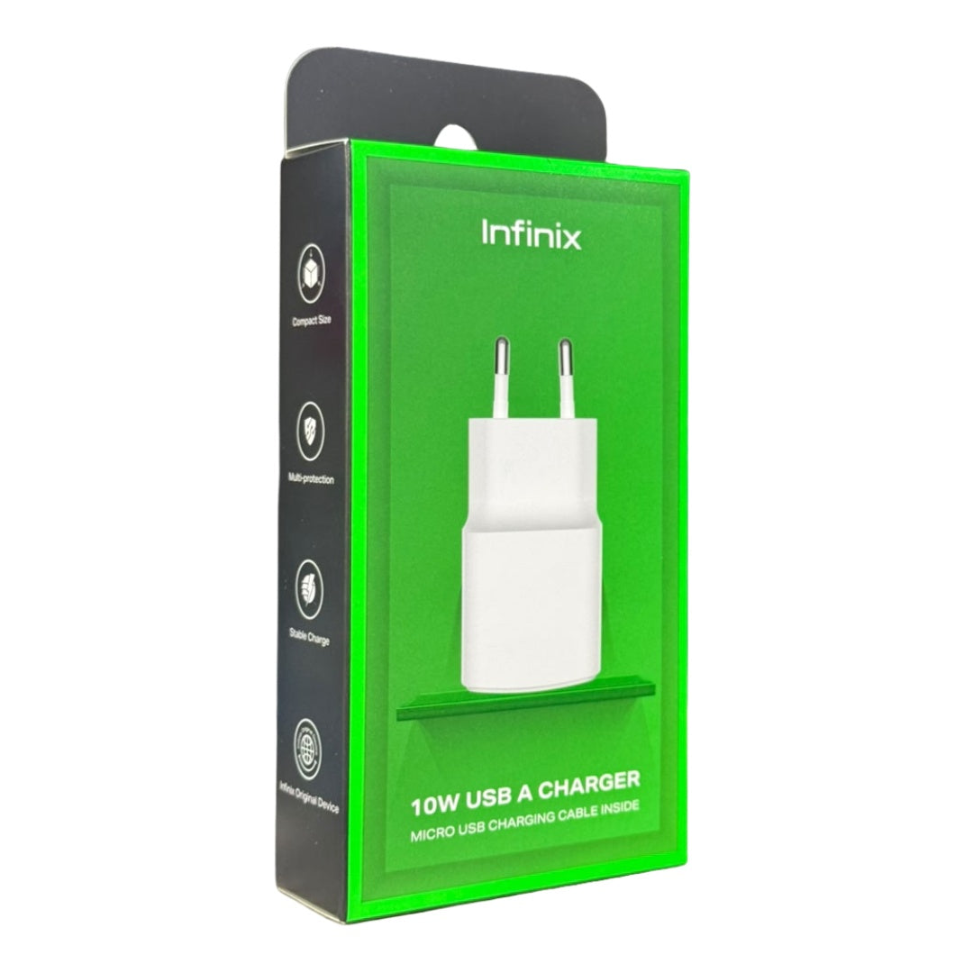 Boîte du pack chargeur Infinix 10 W avec câble micro-USB, vue de trois quarts sur fond blanc