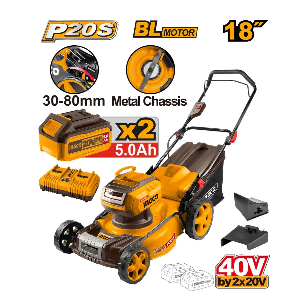 Tondeuse à gazon 40 V + 2 batteries 5 Ah INGCO LMLI20186