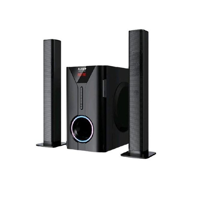 Vue d’ensemble de la chaîne Hi-Fi Alitop SP-2506 avec deux enceintes verticales