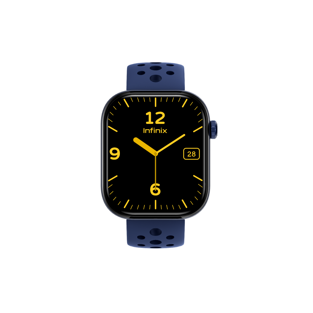 Infinix XWatch H4 avec bracelet sport bleu marine ajoure et bouton lateral assorti, vue de face