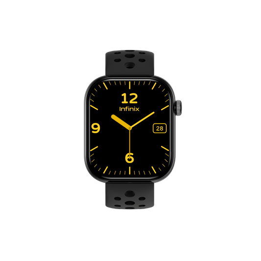 Montre connectee Infinix XWatch H4 coloris Phantom Black, ecran carre affichant un cadran jaune, bracelet silicone noir perfore