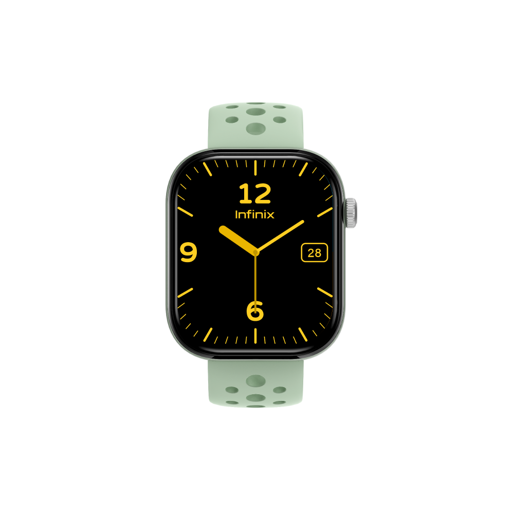 Infinix XWatch H4 coloris vert amande, bracelet silicone clair et couronne argentee sur le cote droit