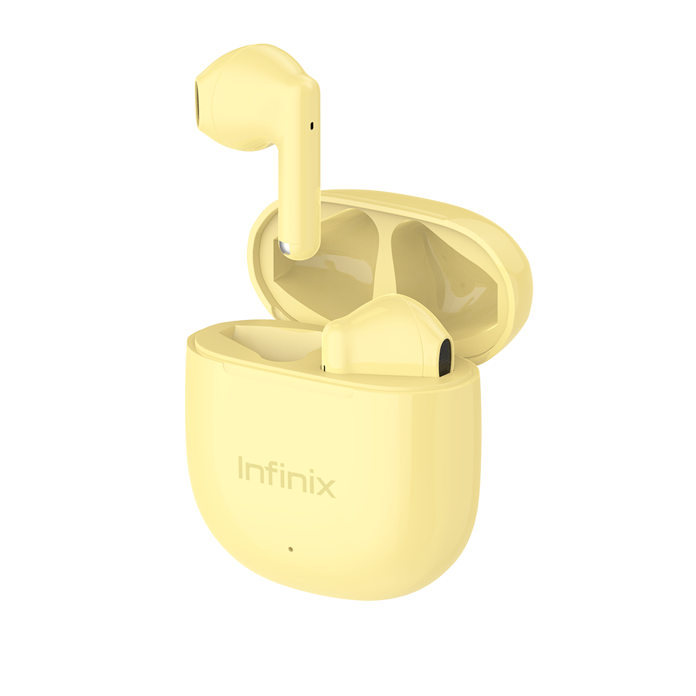 Infinix XBUDS 3 WE XE29 jaune, boitier ouvert avec une oreillette au-dessus