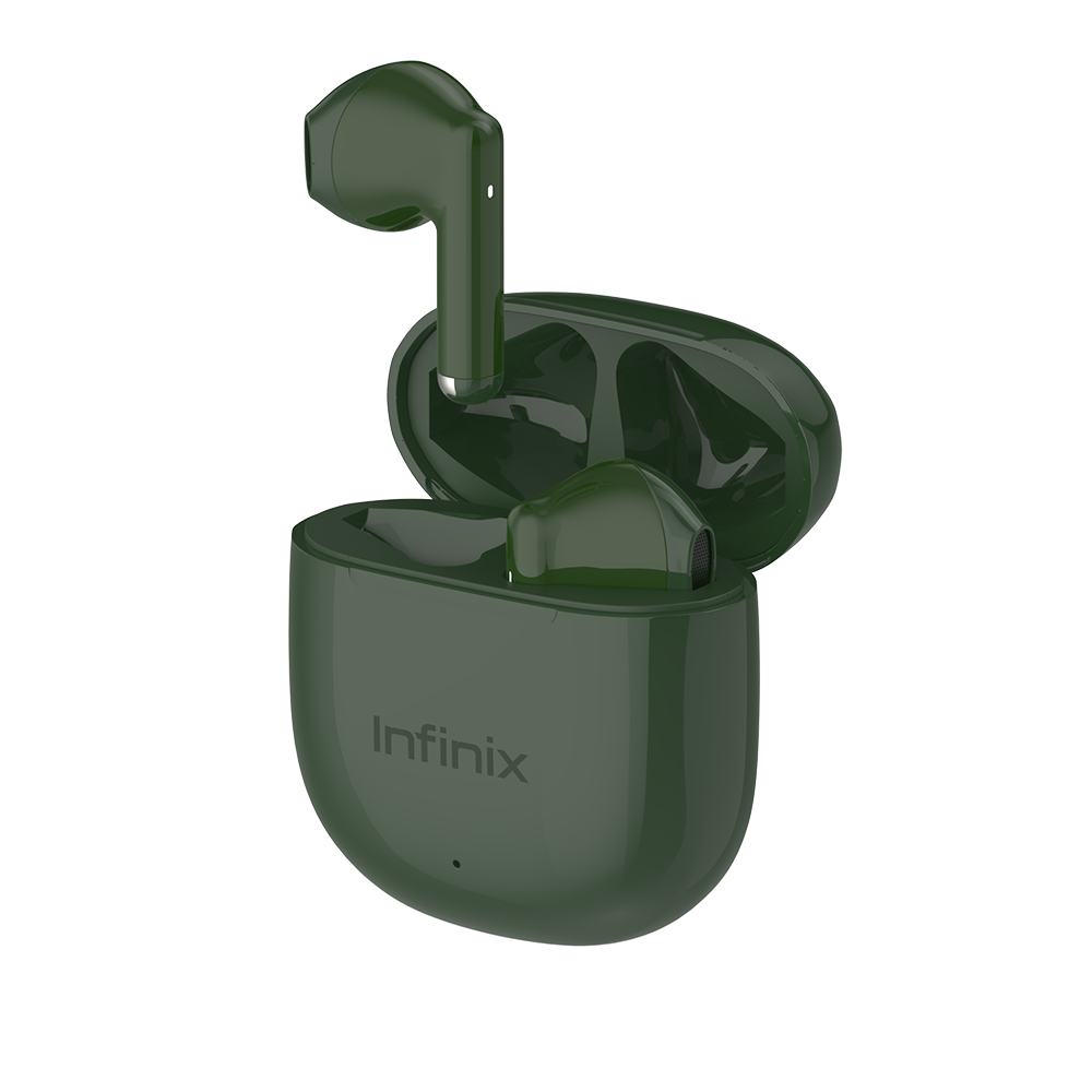 Infinix XBUDS 3 WE XE29 vert fonce, boitier de charge ouvert trois quarts