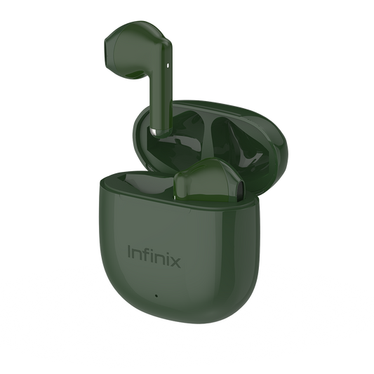 Infinix XBUDS 3 WE XE29 vert fonce, boitier de charge ouvert trois quarts