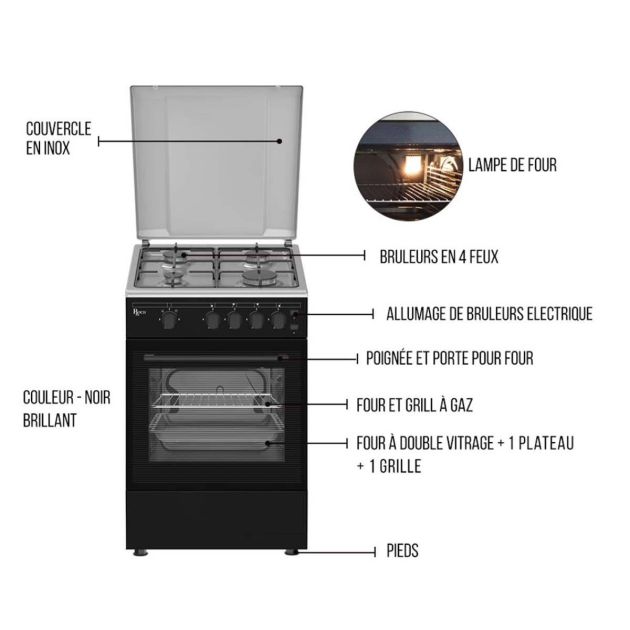 Cuisinière à Gaz 4 Feux - ROCH - 50 x 50- Full Option-(RGC-50G4-G(B)- Noir