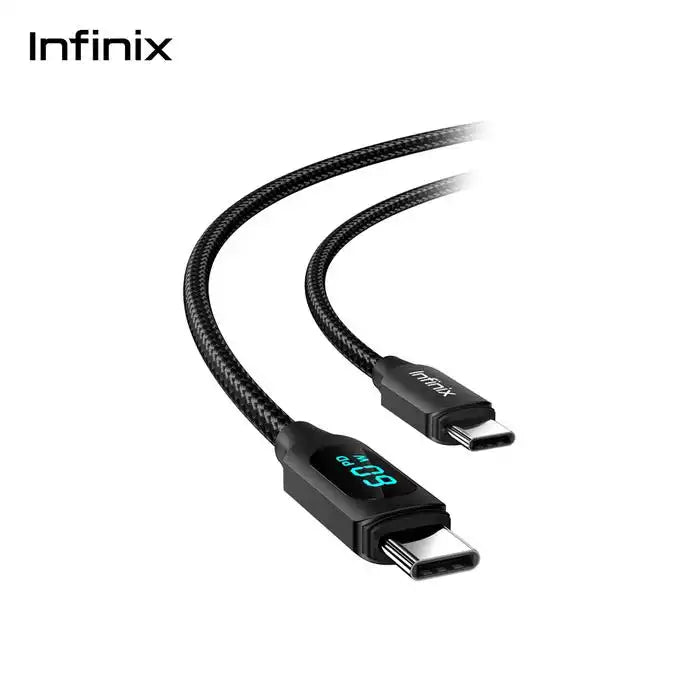 Detail de la gaine tressee noire du cable de charge Infinix XDC73
