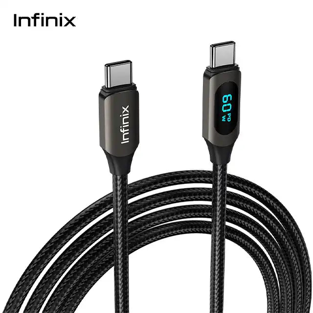 Cable Infinix XDC73 de 1 metre enroule, connecteurs USB-C et afficheur de puissance allume