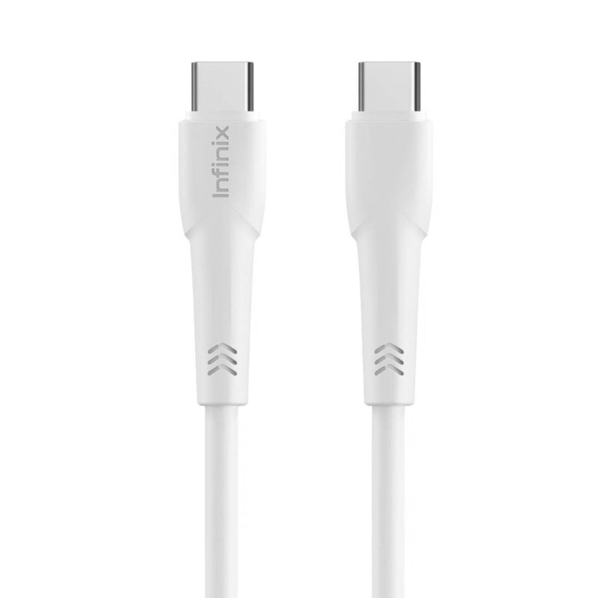 Câble Infinix XDC53 blanc d'un mètre, connecteur USB-C à chaque extrémité, fourni avec le chargeur