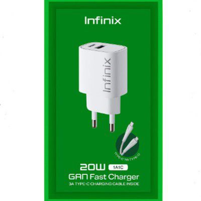 Chargeur Infinix 20W GaN dans son emballage vert, deux ports USB-A et USB-C, prise européenne et câble Type-C fourni