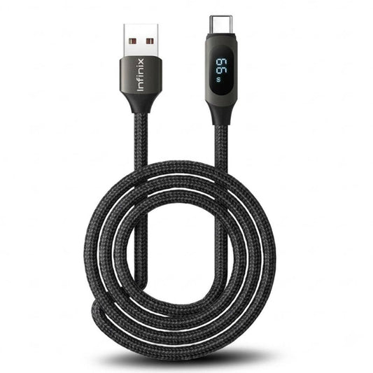 Câble Infinix XDC76A tressé noir enroulé, USB-A d'un côté et USB-C à afficheur 66 W de l'autre