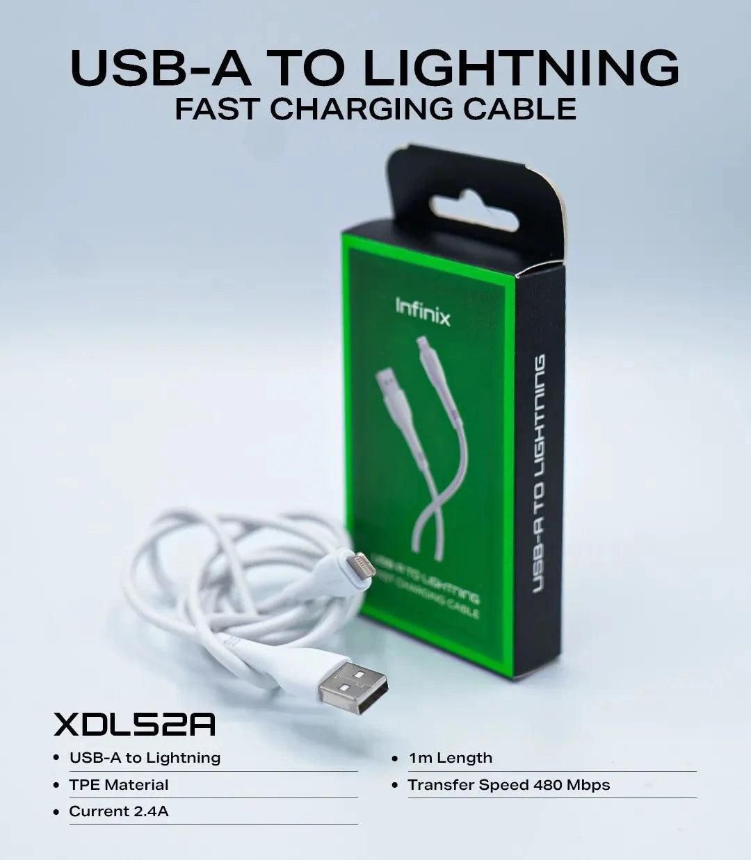 Câble Infinix XDL52A blanc déroulé à côté de sa boîte verte, embouts USB-A et Lightning visibles, 2,4 A et 1 mètre