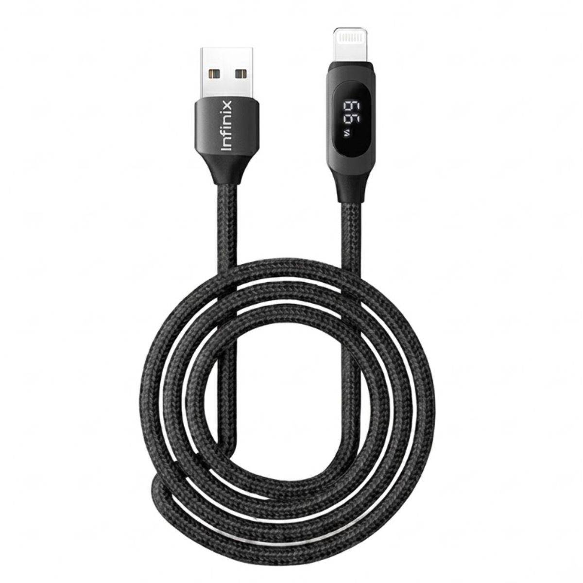 Câble Infinix XDL72A noir tressé enroulé, connecteur USB-A d'un côté et Lightning à afficheur de l'autre