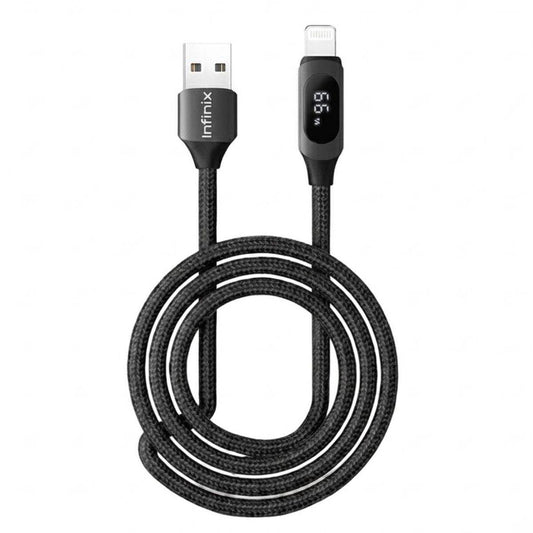 Câble Infinix XDL72A noir tressé enroulé, connecteur USB-A d'un côté et Lightning à afficheur de l'autre