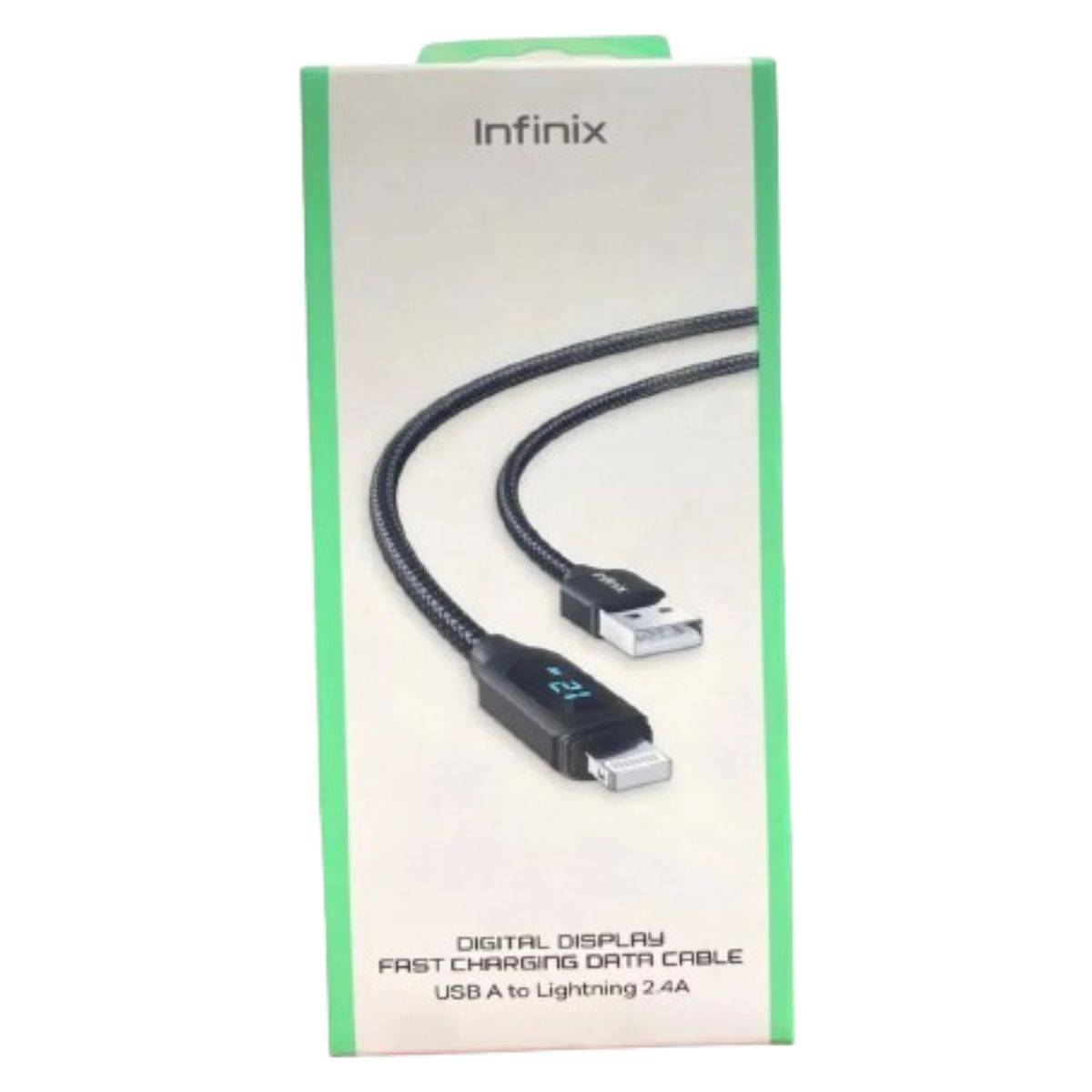 Boîte Infinix du câble à afficheur numérique USB-A vers Lightning 2,4 A, coloris vert et blanc