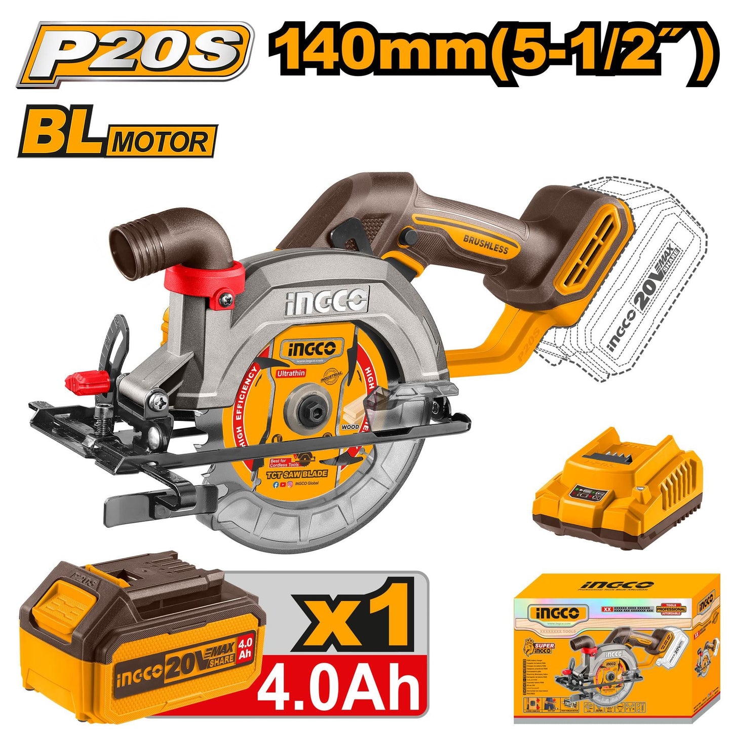 Scie circulaire lithium‑ion 20 V + 1 batterie INGCO CSLI14021 — vue 2