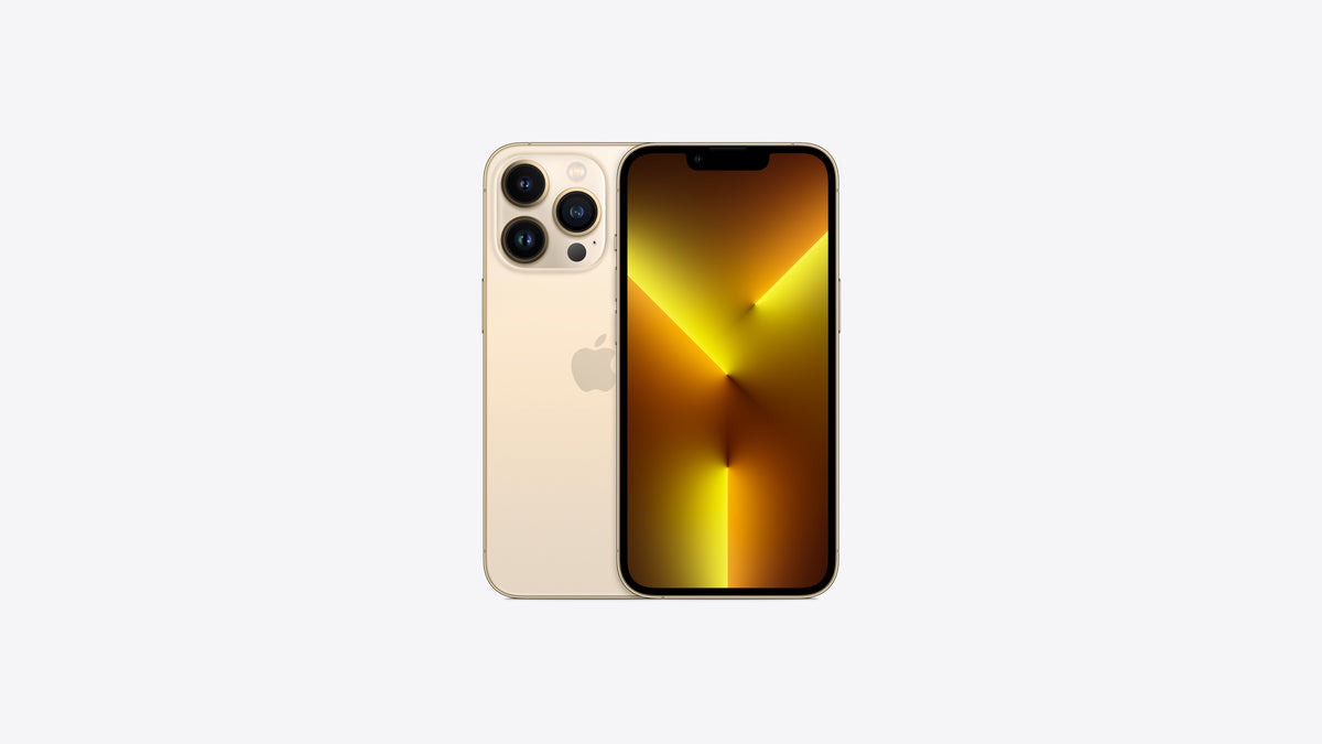 iPhone 13 Pro coloris or, dos champagne clair et contour en acier inoxydable doré brillant