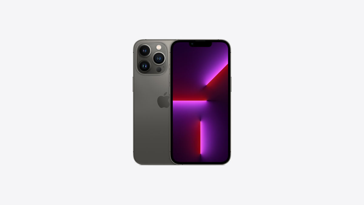 iPhone 13 Pro coloris graphite, dos en verre mat gris anthracite et façade avec encoche