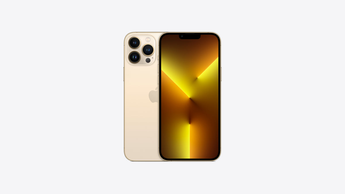iPhone 13 Pro Max coloris or, dos beige doré et bagues d'objectifs dorées, vue combinée