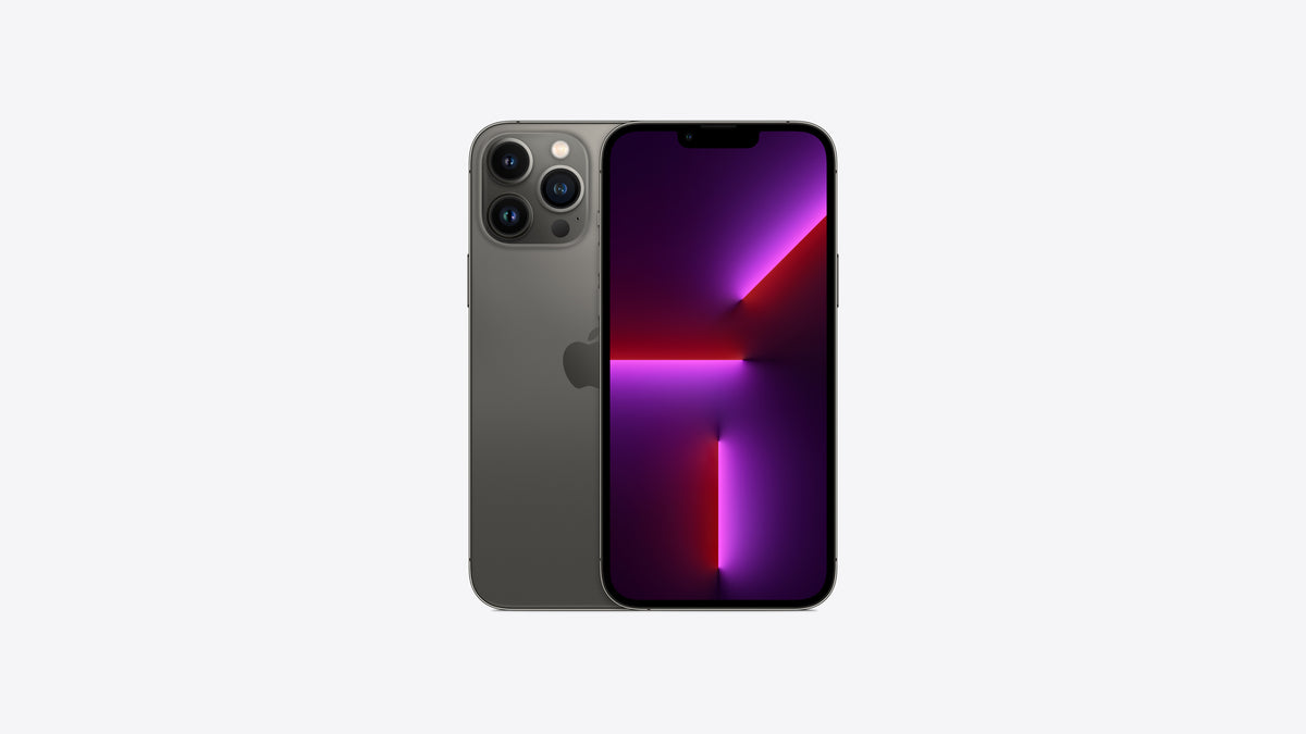 iPhone 13 Pro Max coloris graphite, grand format 6,7 pouces, dos gris foncé et écran allumé
