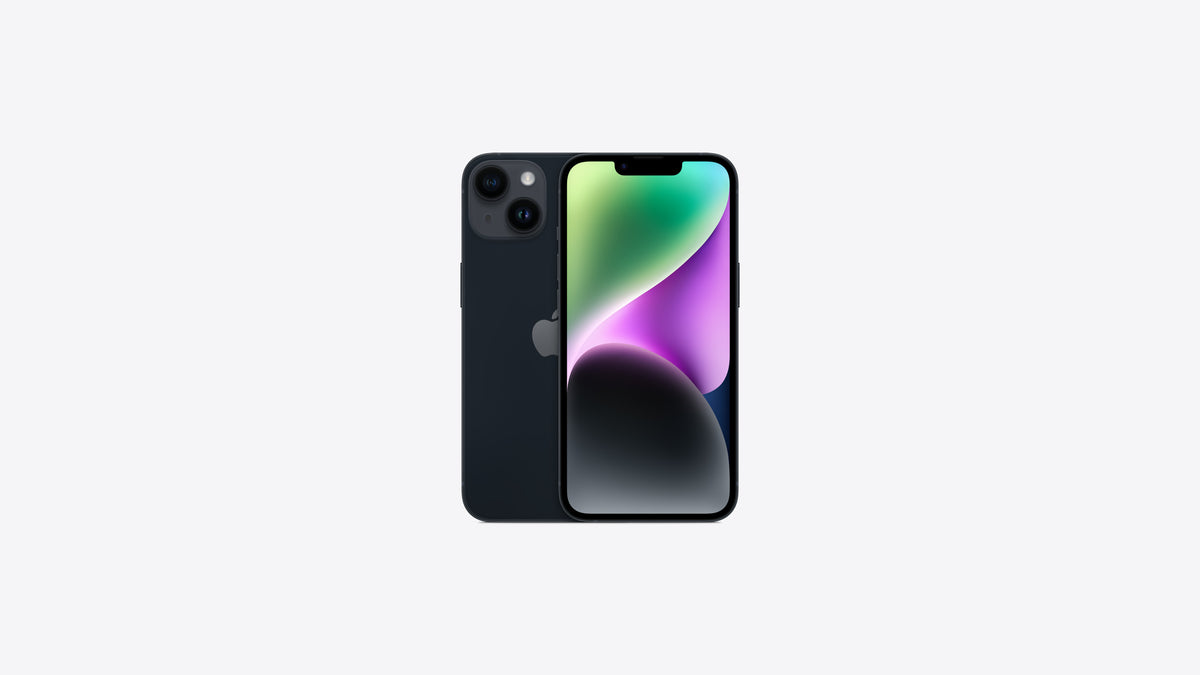 iPhone 14 coloris minuit, dos noir bleuté et double appareil photo en diagonale, vu de dos et de face écran allumé