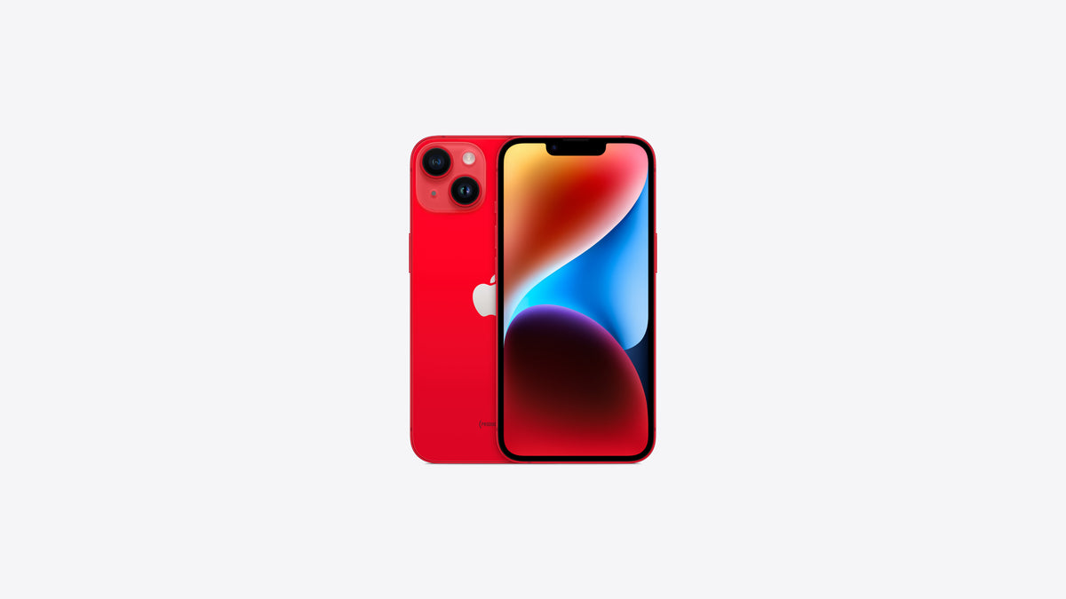 iPhone 14 coloris (PRODUCT)RED, dos rouge vif portant la mention (PRODUCT)RED, écran affichant un dégradé bleu et orange