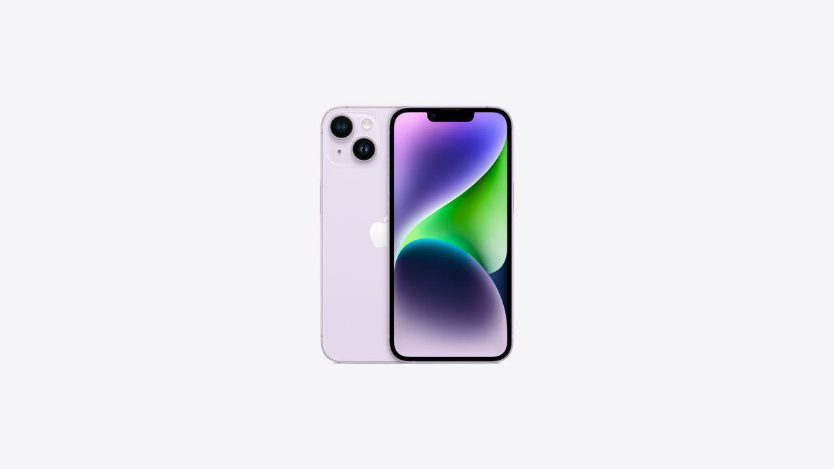 iPhone 14 coloris mauve, dos violet lavande très clair, écran allumé sur un dégradé violet et vert