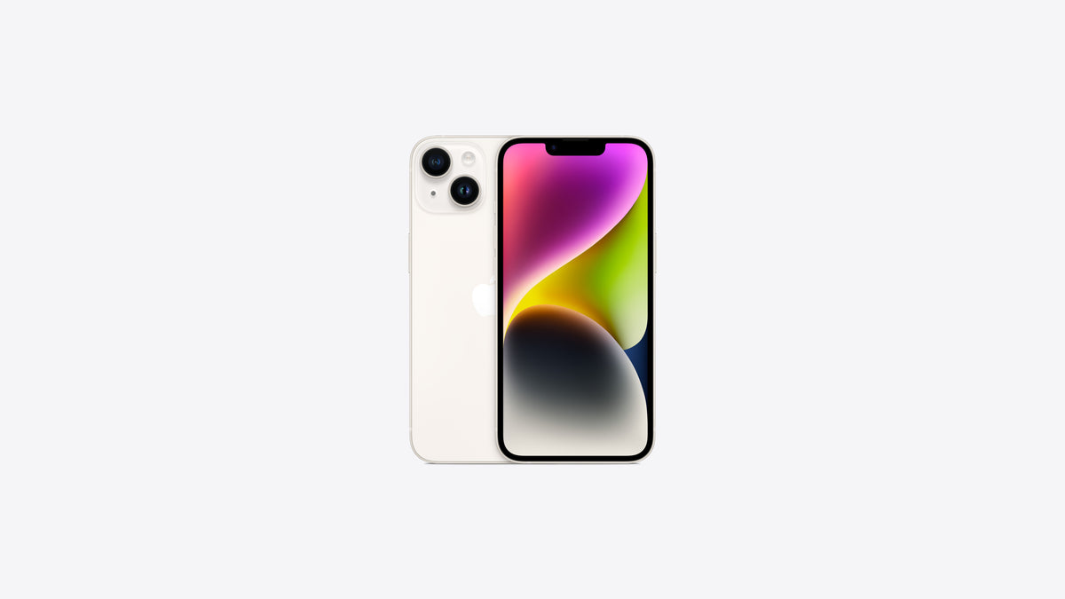 iPhone 14 coloris lumière stellaire, dos blanc crème et contour aluminium clair, fond d'écran rose et jaune
