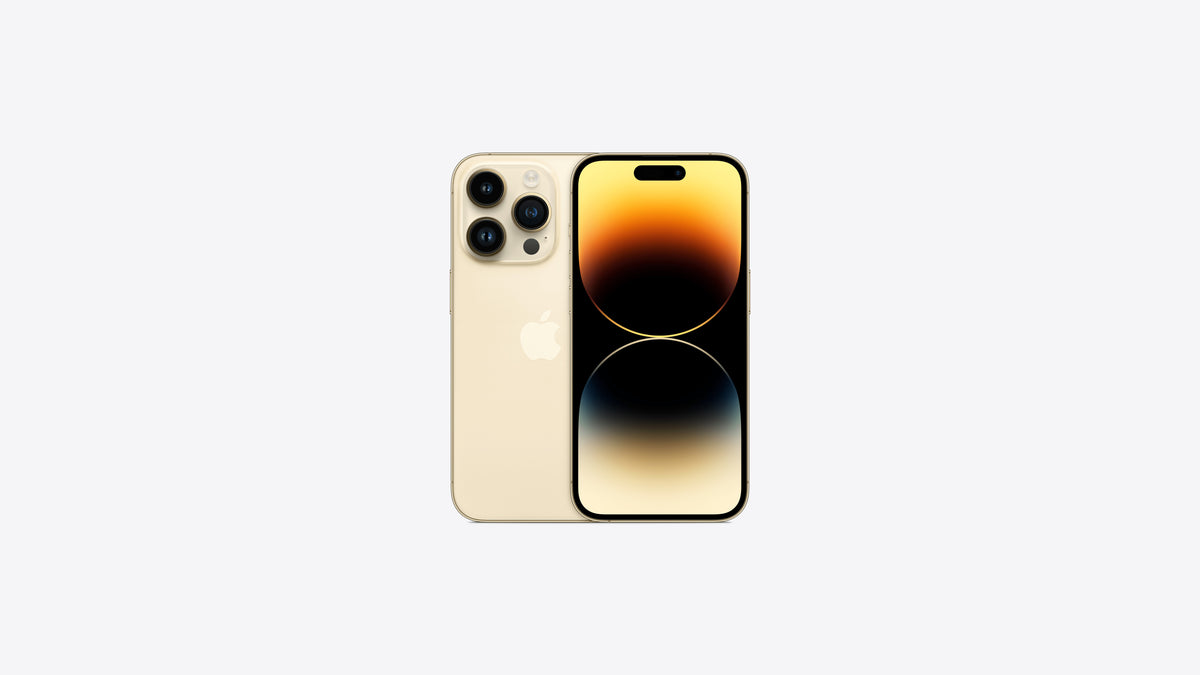 iPhone 14 Pro coloris or, dos champagne doré et contour doré brillant, écran allumé sur un dégradé orangé