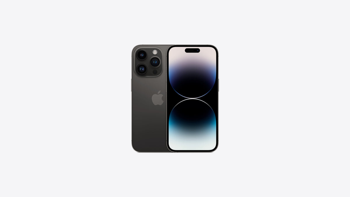 iPhone 14 Pro coloris noir sidéral, dos gris anthracite mat et bloc photo trois objectifs, écran 6,1 pouces allumé