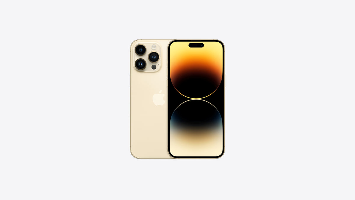 iPhone 14 Pro Max coloris or, dos doré clair et arêtes dorées, grand écran allumé sur un dégradé doré