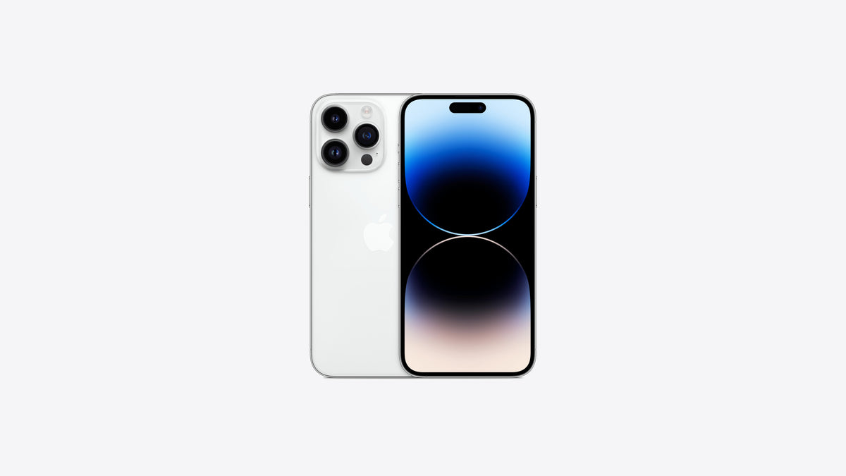 iPhone 14 Pro Max coloris argent, dos blanc nacré sur châssis acier, grand écran 6,7 pouces avec Dynamic Island