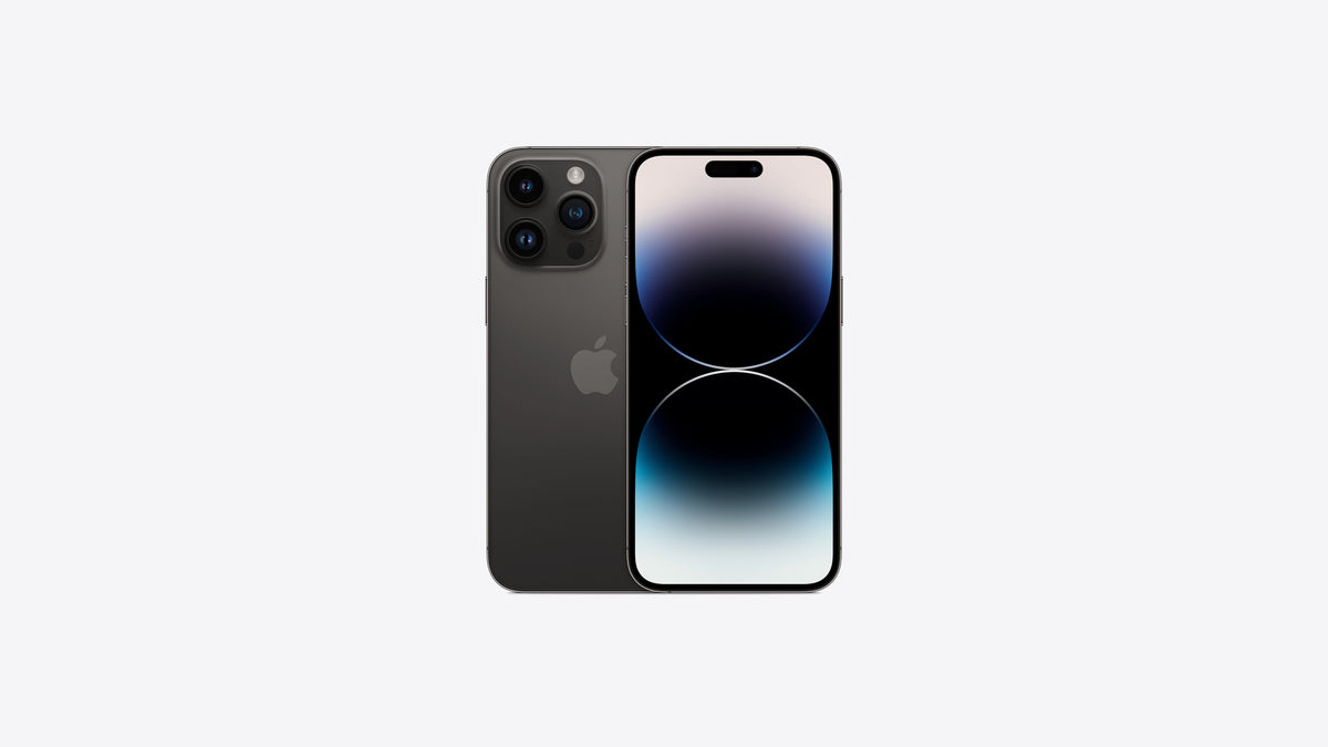 iPhone 14 Pro Max coloris noir sidéral, dos noir graphite mat, grand écran 6,7 pouces allumé sur un dégradé bleuté