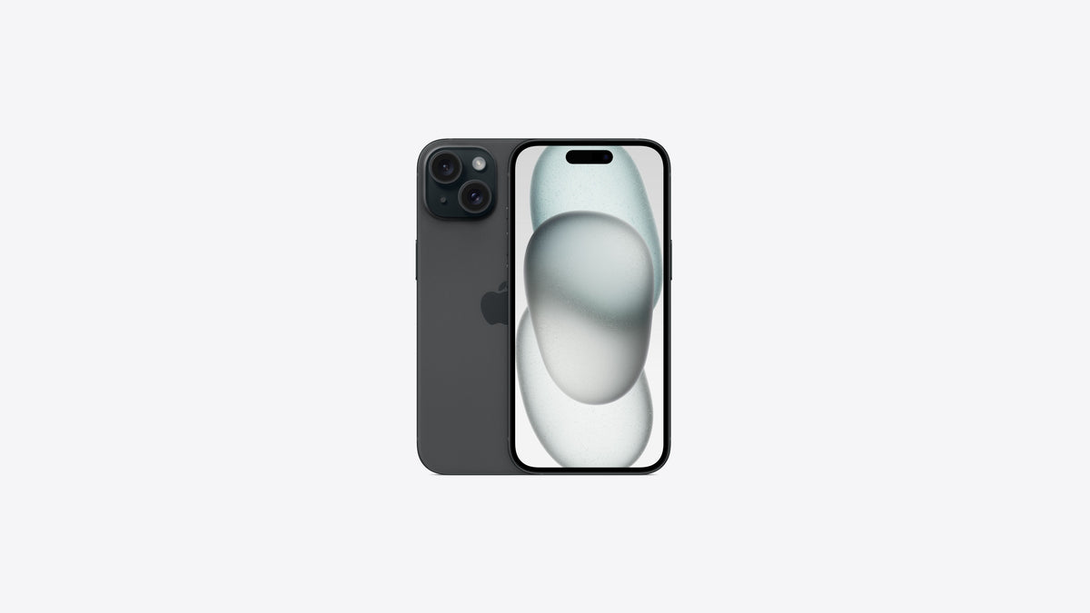 iPhone 15 coloris noir, dos en verre mat et face avant avec écran allumé