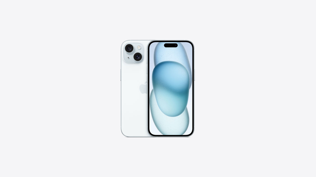 iPhone 15 bleu pastel vu de dos et de face, double capteur photo visible