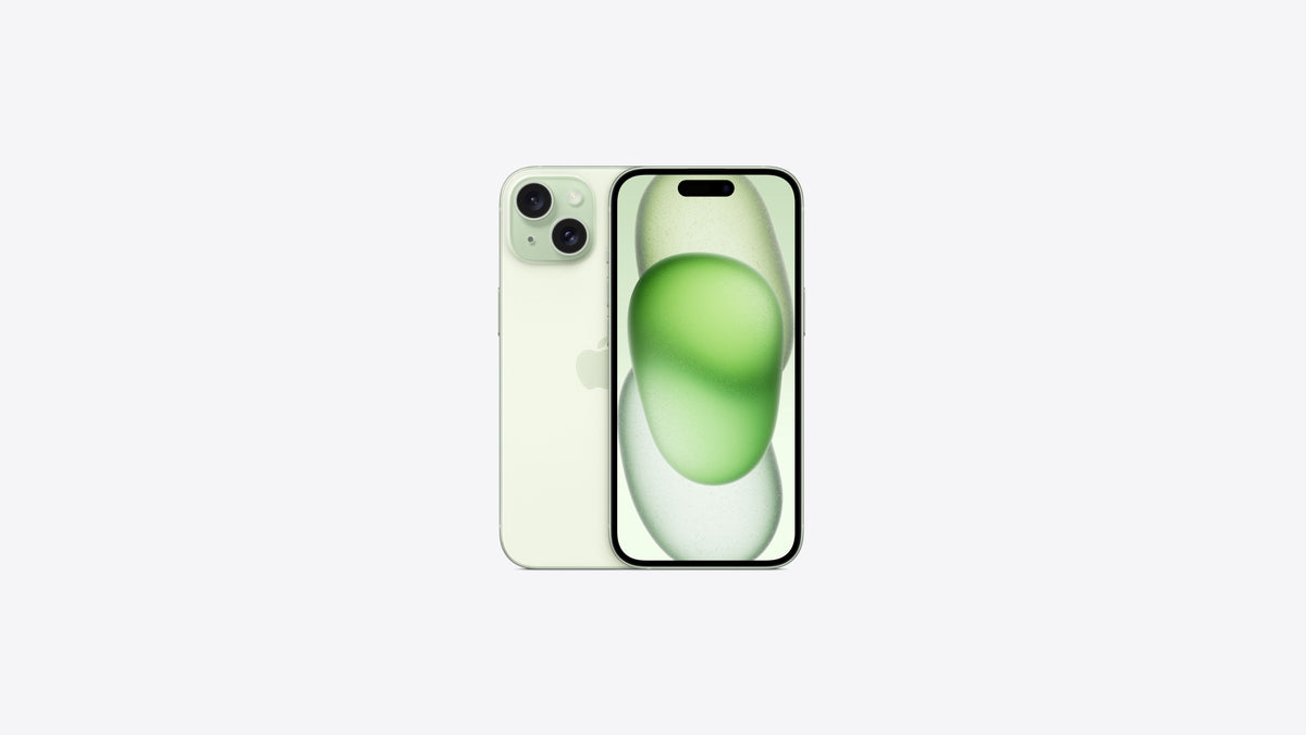 iPhone 15 vert clair sur fond blanc, châssis en aluminium et Dynamic Island