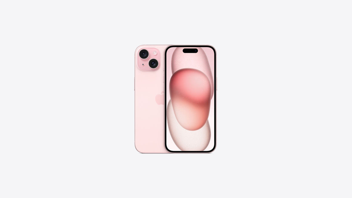 iPhone 15 rose poudré, vue combinée du dos et de l'écran avec logo Apple centré