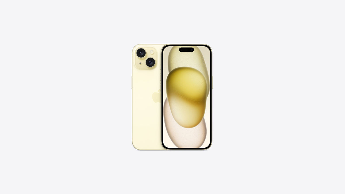 iPhone 15 jaune, écran 6,1 pouces allumé et dos en verre coloré