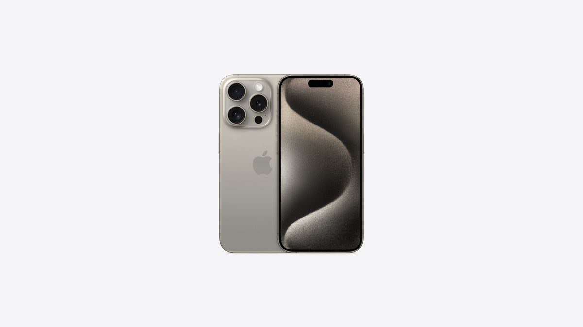 iPhone 15 Pro titane naturel, finition gris beige brossé et triple module photo