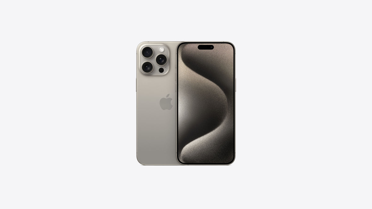 iPhone 15 Pro Max titane naturel, grand écran 6,7 pouces et dos gris beige