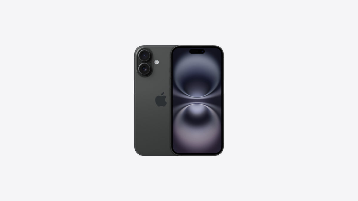 iPhone 16 coloris noir, dos noir mat avec double appareil photo vertical et face avant écran allumé