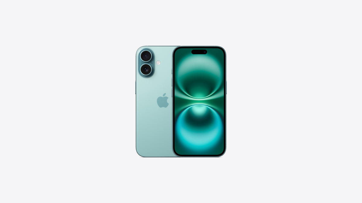 iPhone 16 coloris sarcelle, dos vert d'eau et écran allumé aux dégradés turquoise