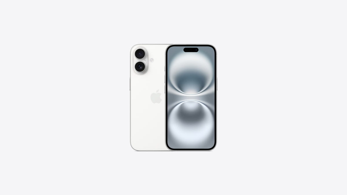 iPhone 16 coloris blanc, dos blanc et contour en aluminium clair, écran allumé sur fond d'écran gris
