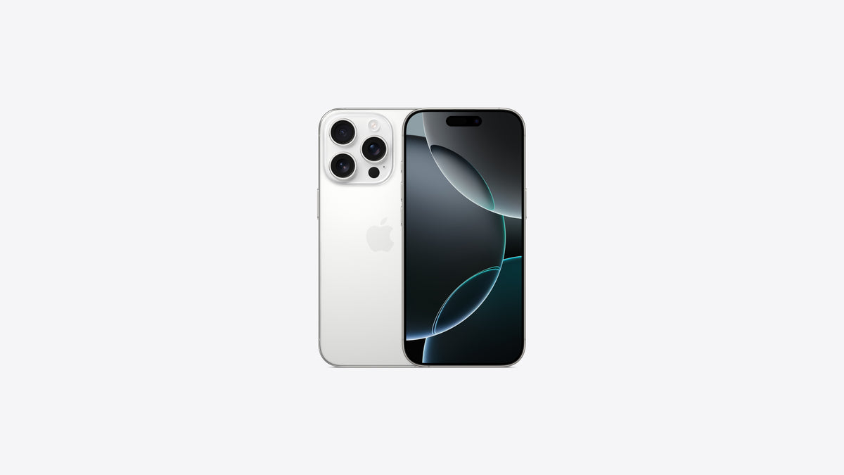 iPhone 16 Pro coloris titane blanc, dos blanc satiné et triple appareil photo, vu de dos et de face